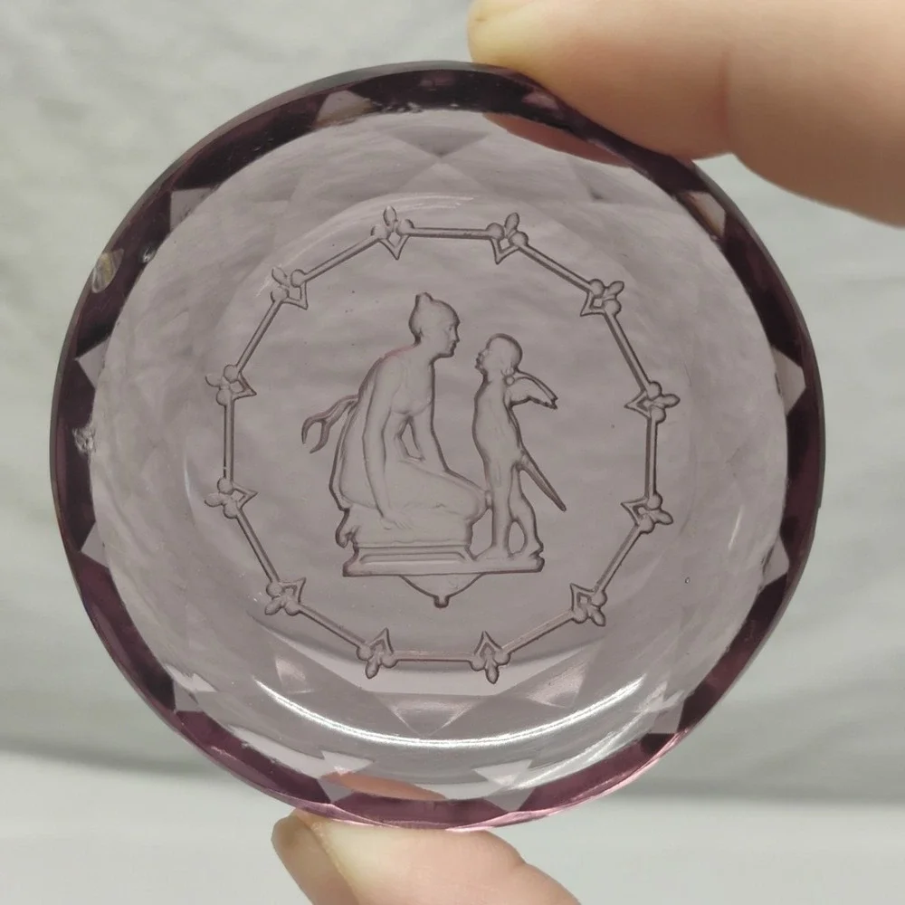 Heinrich Hoffman Czech Amethyst Butter Pat‎ Salt Trinket Dish Intaglio Cupid